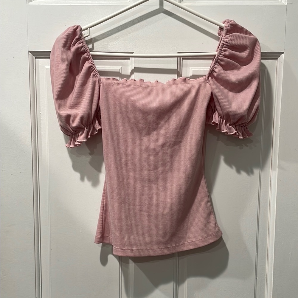 SHEIN Pink Puff Sleeve Ruffled Blouse